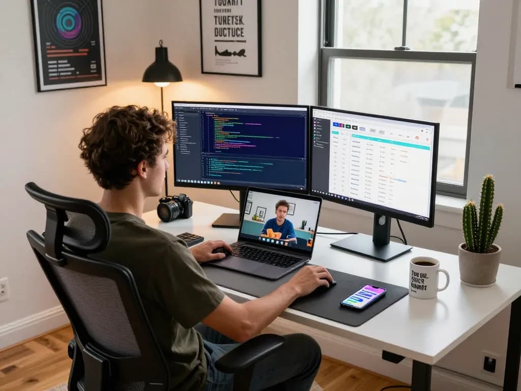 Moltbot personal AI assistant in a modern home office, showcasing productivity tools and coding environment.