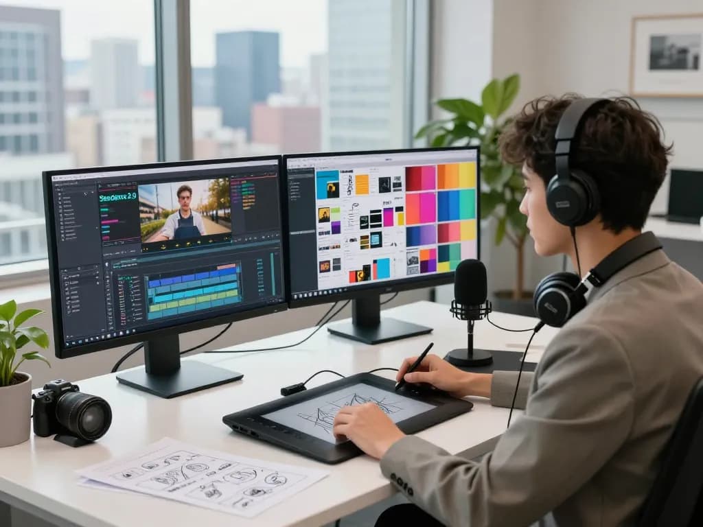 Creative professional utilizing seedance 2.0 in a modern video production studio environment, showcasing advanced editing tools and vibrant storyboards.