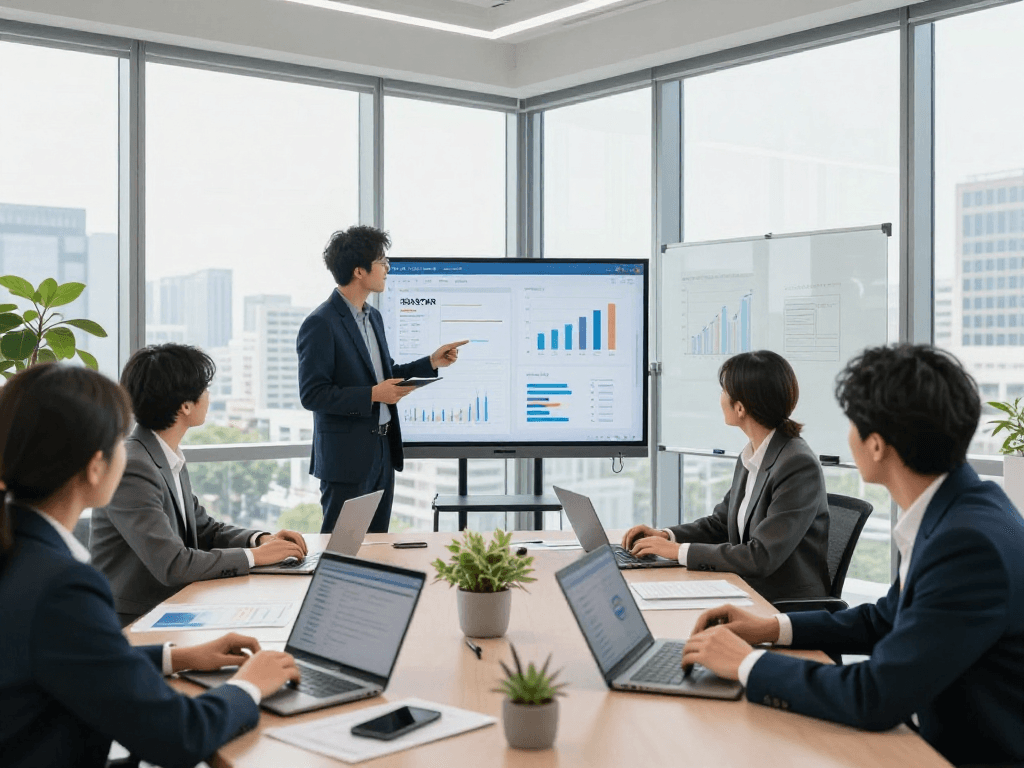 Collaboration in modern office showcasing IDXSTAR software analytics during a team meeting.