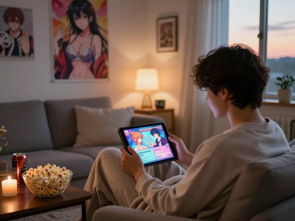 Enjoy playing engaging porn games in a cozy room full of snacks and vibrant game graphics.