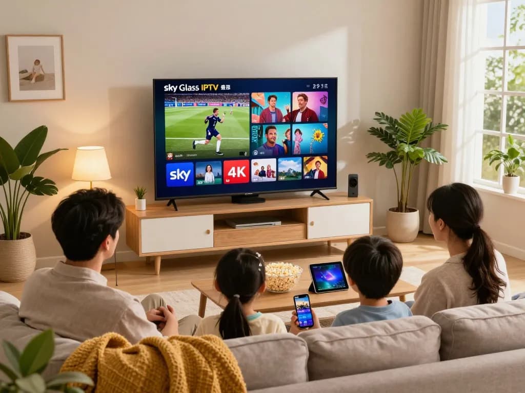 Family enjoying diverse content on Sky glass IPTV in a cozy living room.
