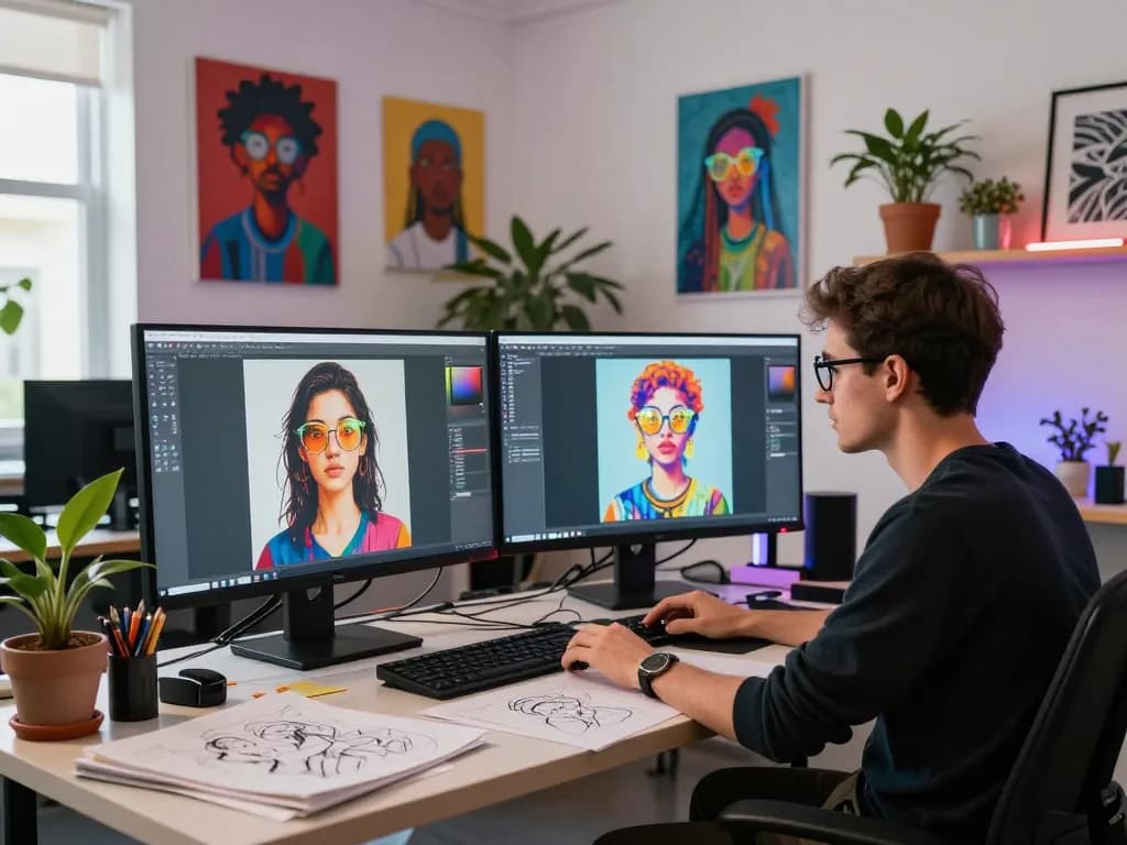 Creative artist in urban studio generating AI porn imagery with dual screens and vibrant colors.