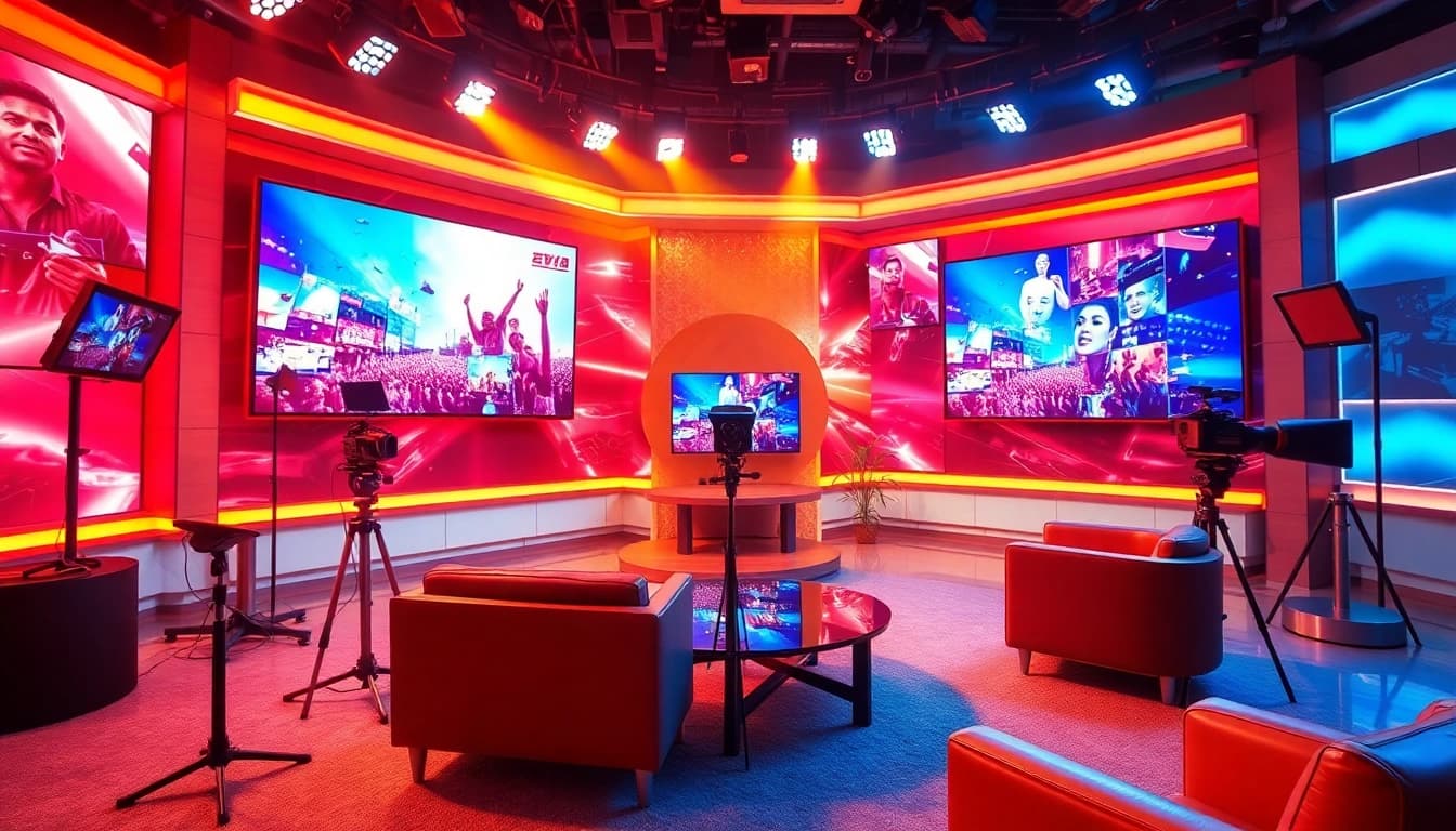 Nangcuctv studio set showcasing vibrant entertainment with screens and microphones.