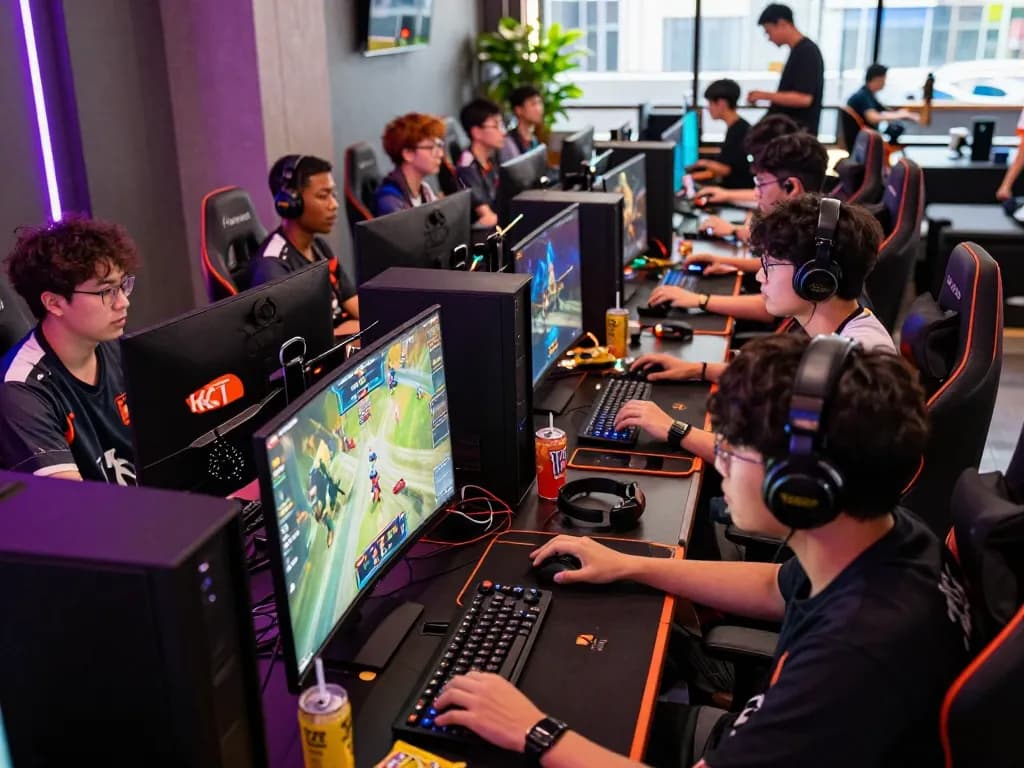 Exciting esports betting in Singapore with diverse gamers at vibrant, high-tech setups eagerly placing bets on live matches.