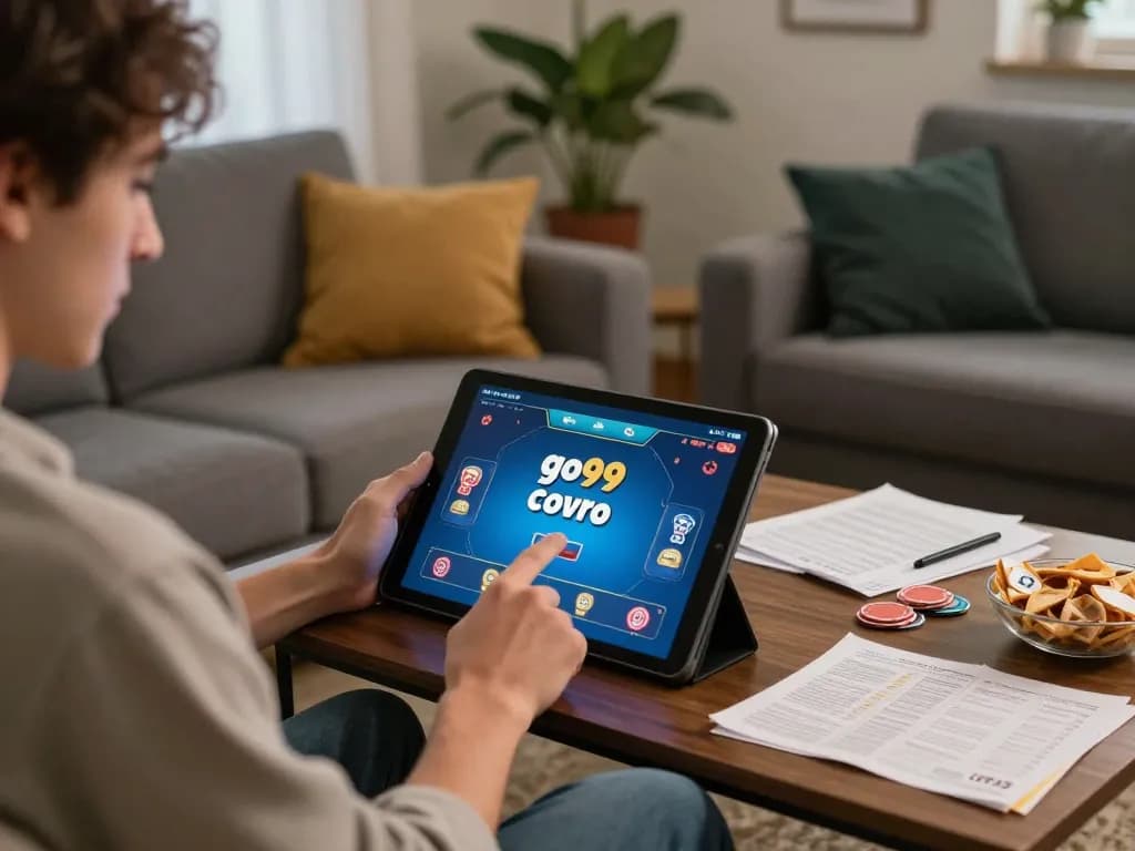 Engage with go99 online poker app in a cozy home setting, showcasing strategy and fun.