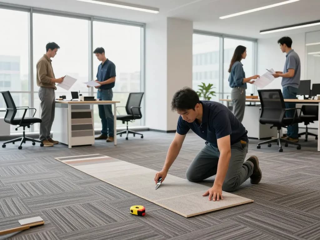 Commercial carpet installation process in a modern office setting with professionals collaborating.