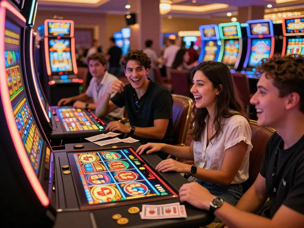 Players experiencing the thrill of the Lucky 88 slot machine in a vibrant casino atmosphere, capturing excitement and anticipation.