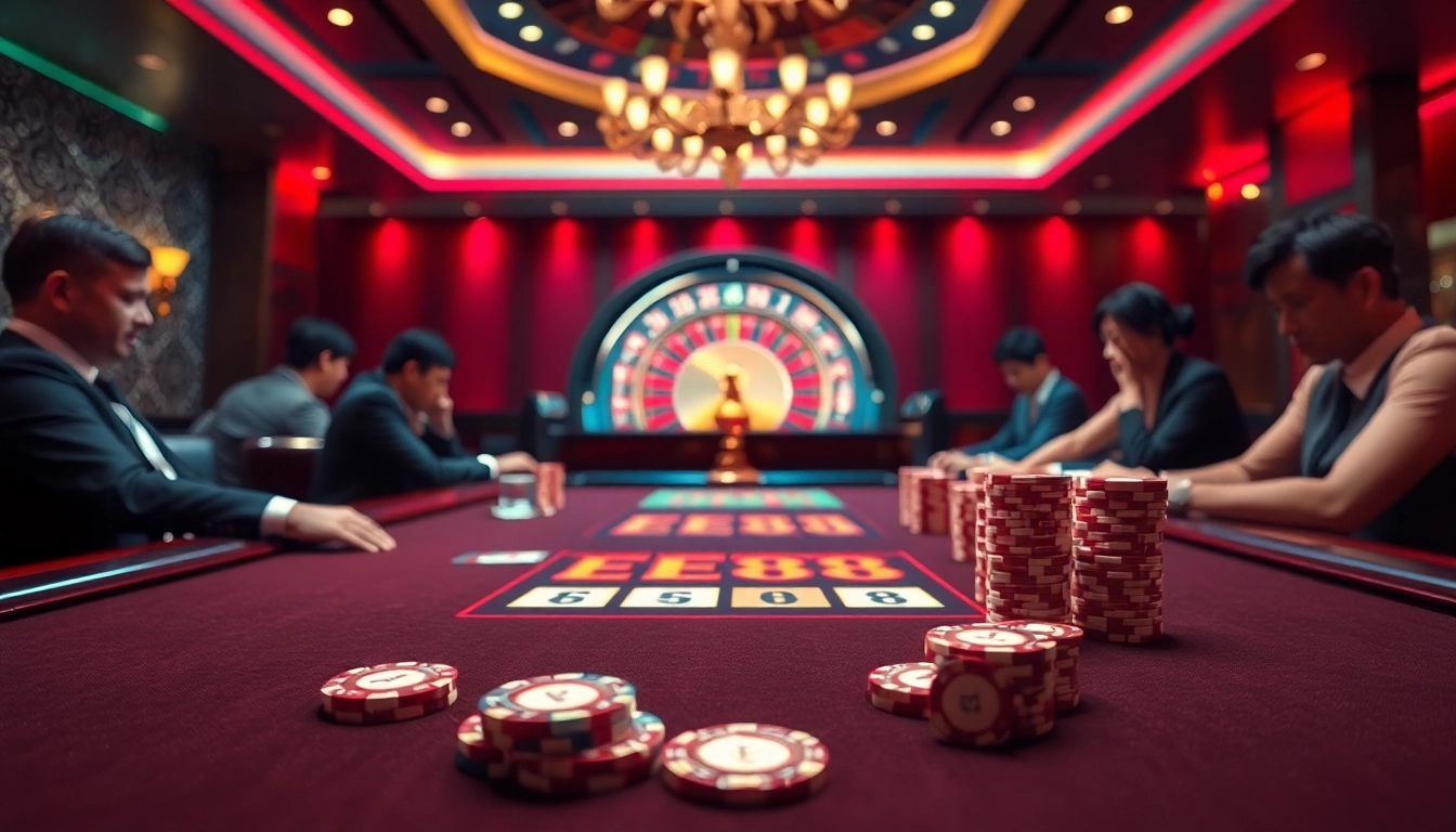 Experience the thrill of gambling at EE88's vibrant poker table with colorful chips and cards.