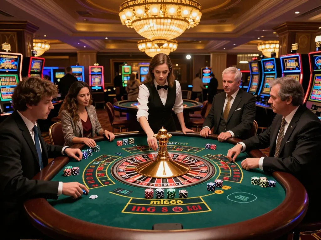 Players placing bets and engaging in excitement at the mb66 roulette table in a luxurious casino atmosphere.