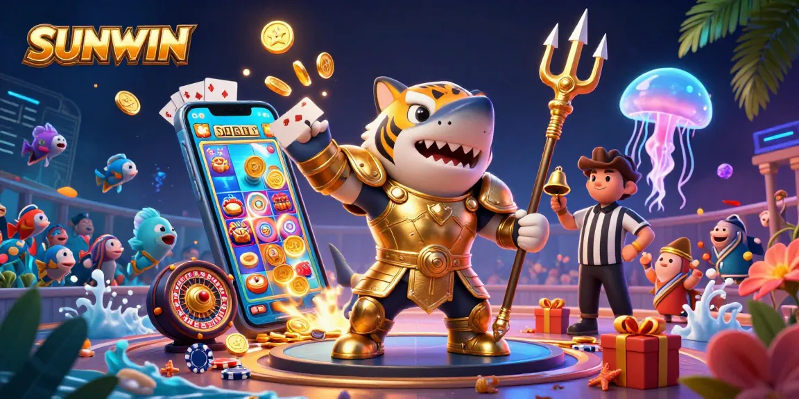SUNWIN presents a vibrant underwater casino scene with a shark hero, slot games, and dazzling prizes.