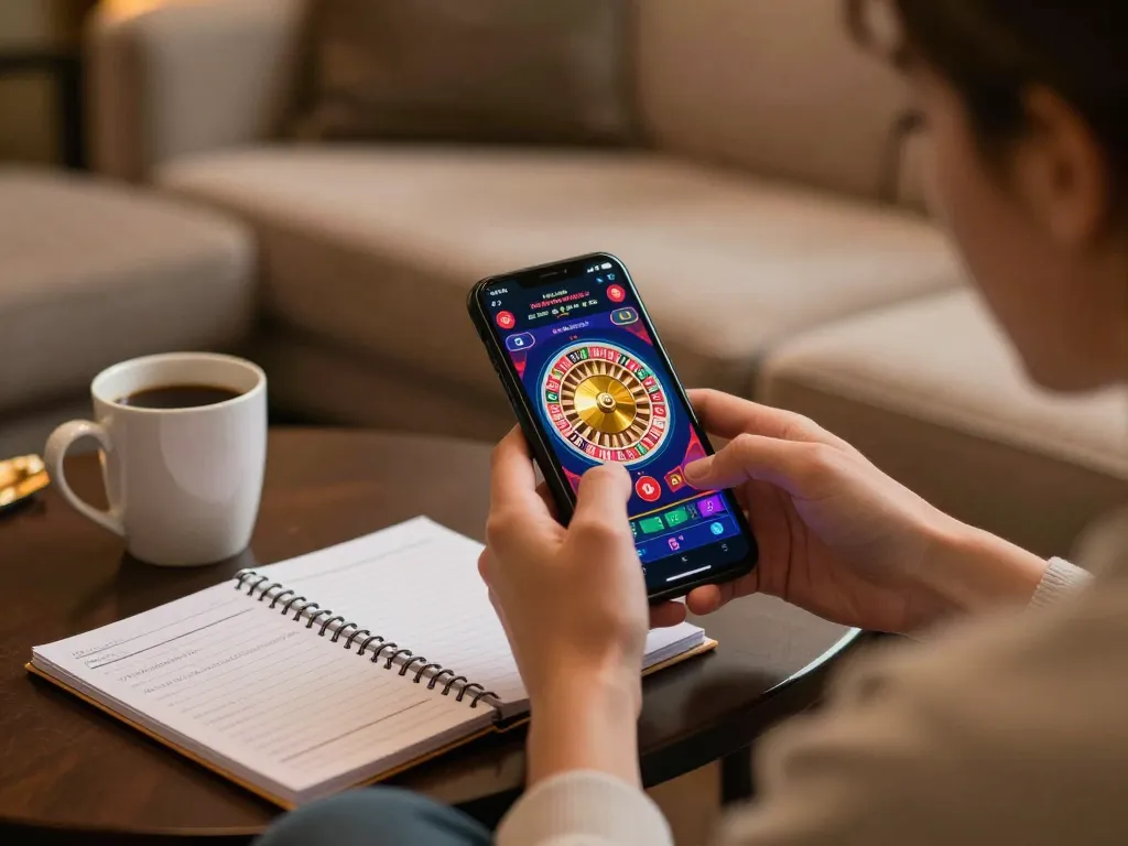 Person playing roulette on ve88 app, showcasing vibrant interface and strategy notes.