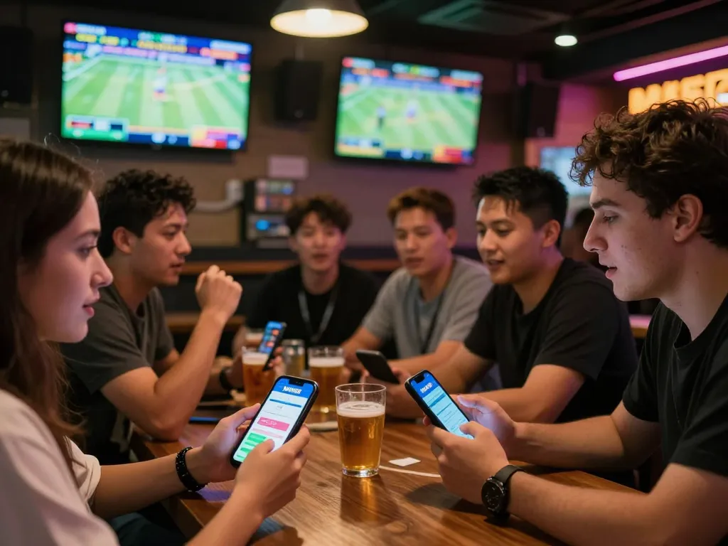 MAY88 users engaged in live sports betting at a lively sports bar, high-stakes atmosphere.
