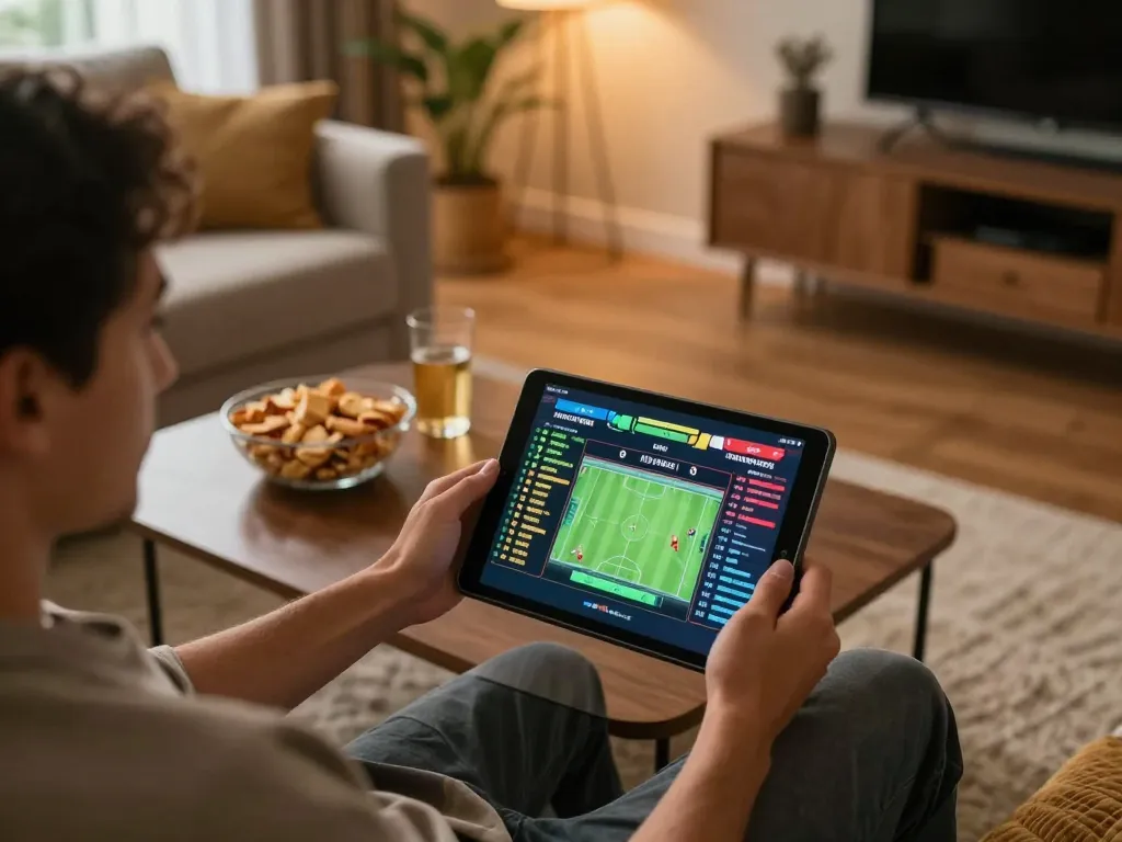 Betting strategies at home with vu88 tablet interface showcasing odds, cozy decor.