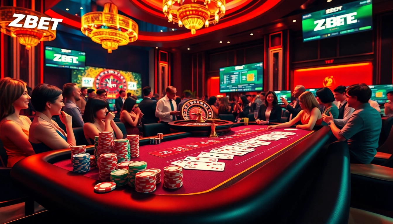 ZBET online betting action with colorful poker chips and cards at a luxurious casino table.