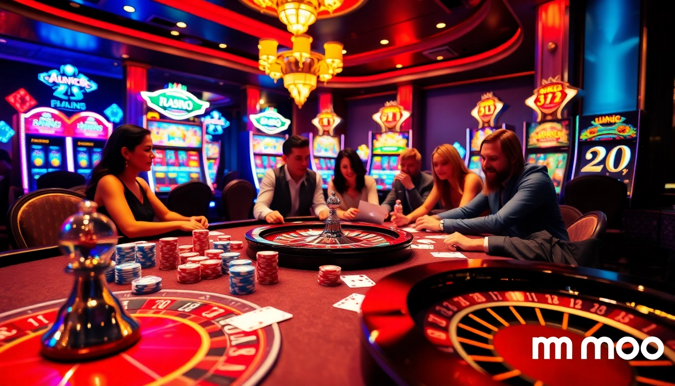 Excited players enjoying a poker game at an upscale casino table highlighting mmoo branding elements.