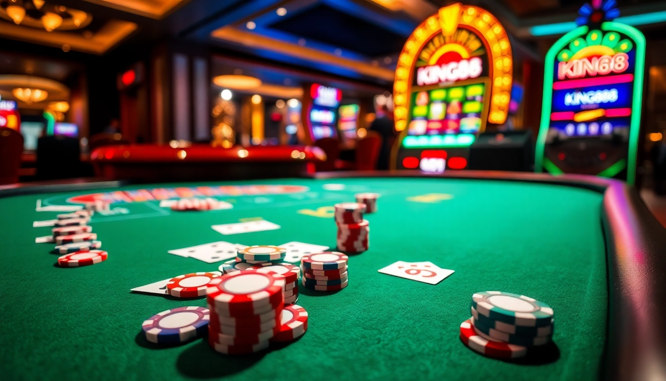 King88 poker table with vibrant chips and unique roulette wheel shining in luxury casino.
