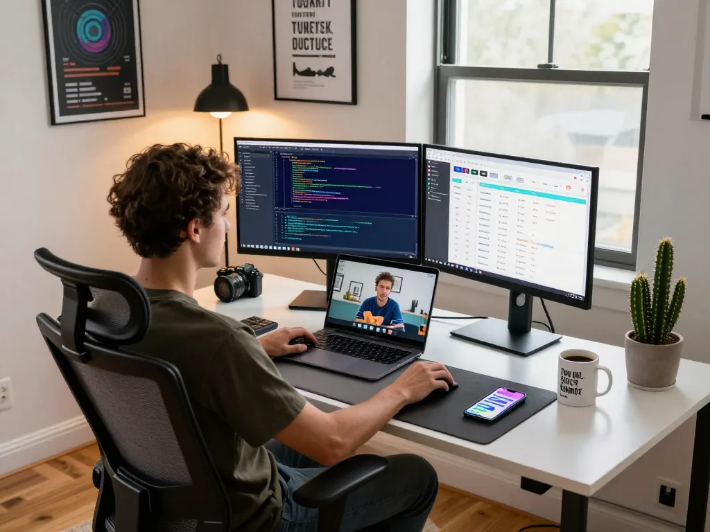 Moltbot personal AI assistant in a modern home office, showcasing productivity tools and coding environment.