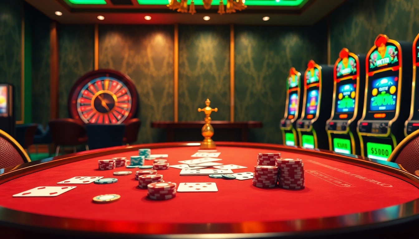 The excitement of 69 vn online gambling with vibrant casino elements including a poker table, roulette wheel, and colorful slot machines.