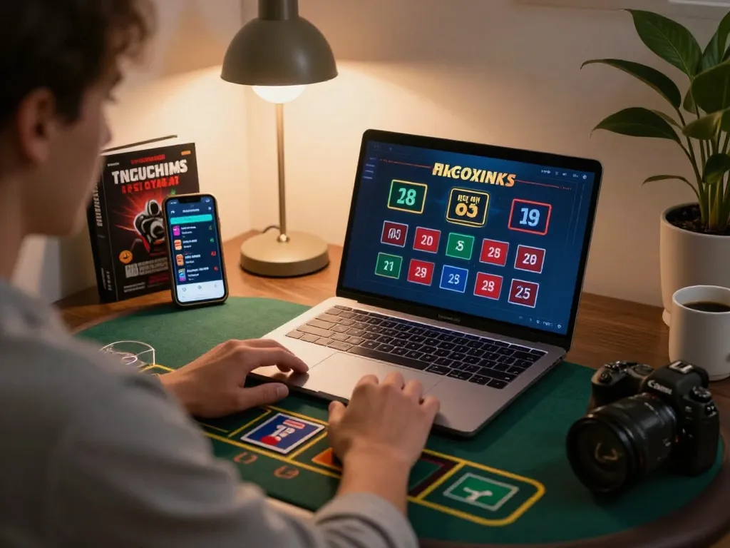 Engaged player using laptop for mb66-t live blackjack with cozy home setting