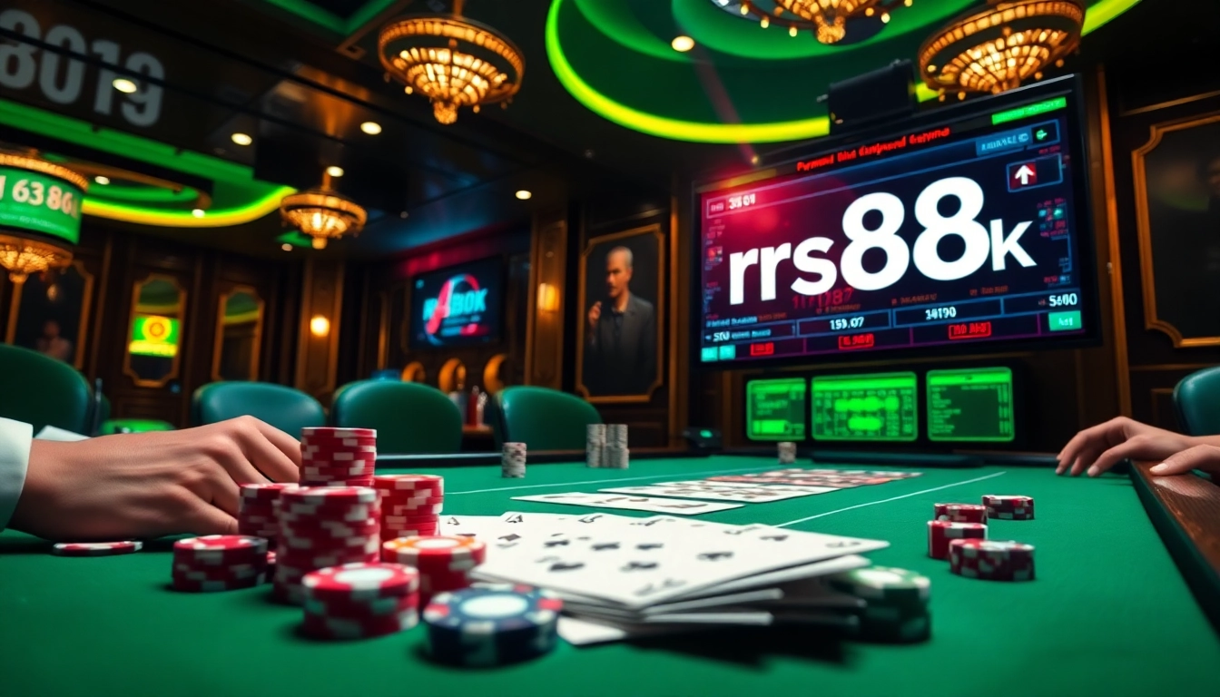 Engaging scene of gamblers at a casino with rr88 58k displayed on a betting interface.
