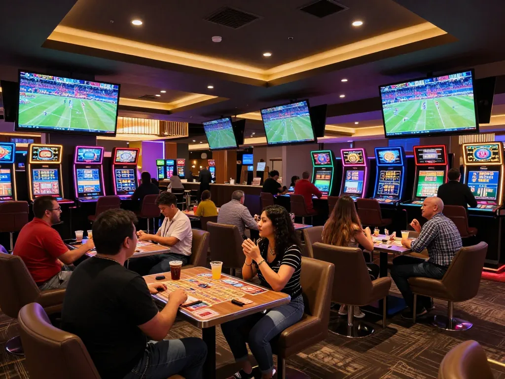 Bsport users placing bets in upscale sports betting lounge during live games