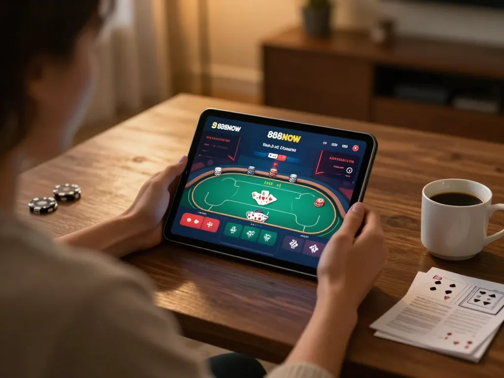 Person playing on 888NOW app in a cozy home setting, showcasing engaging online casino experience.