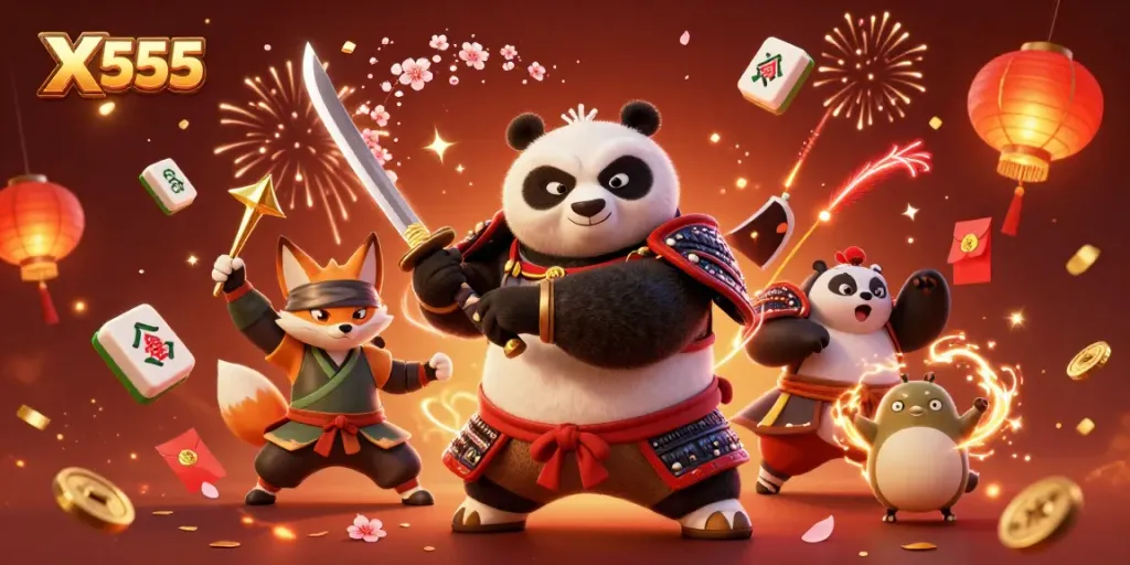 X555 gaming illustration with a samurai panda, ninja fox, and tanuki amid festive casino elements