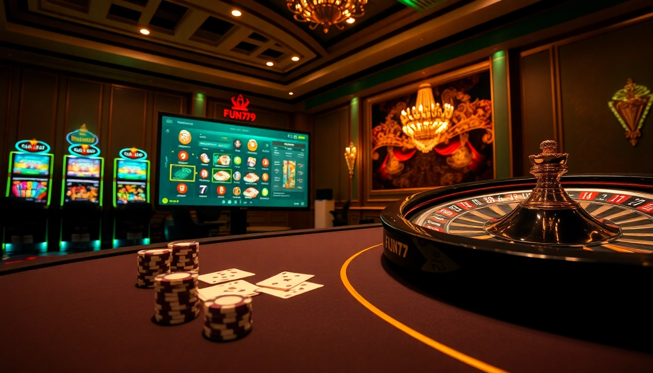 Experience the thrilling action at FUN79 with vibrant casino tables, poker chips, and exhilarating gameplay visuals.