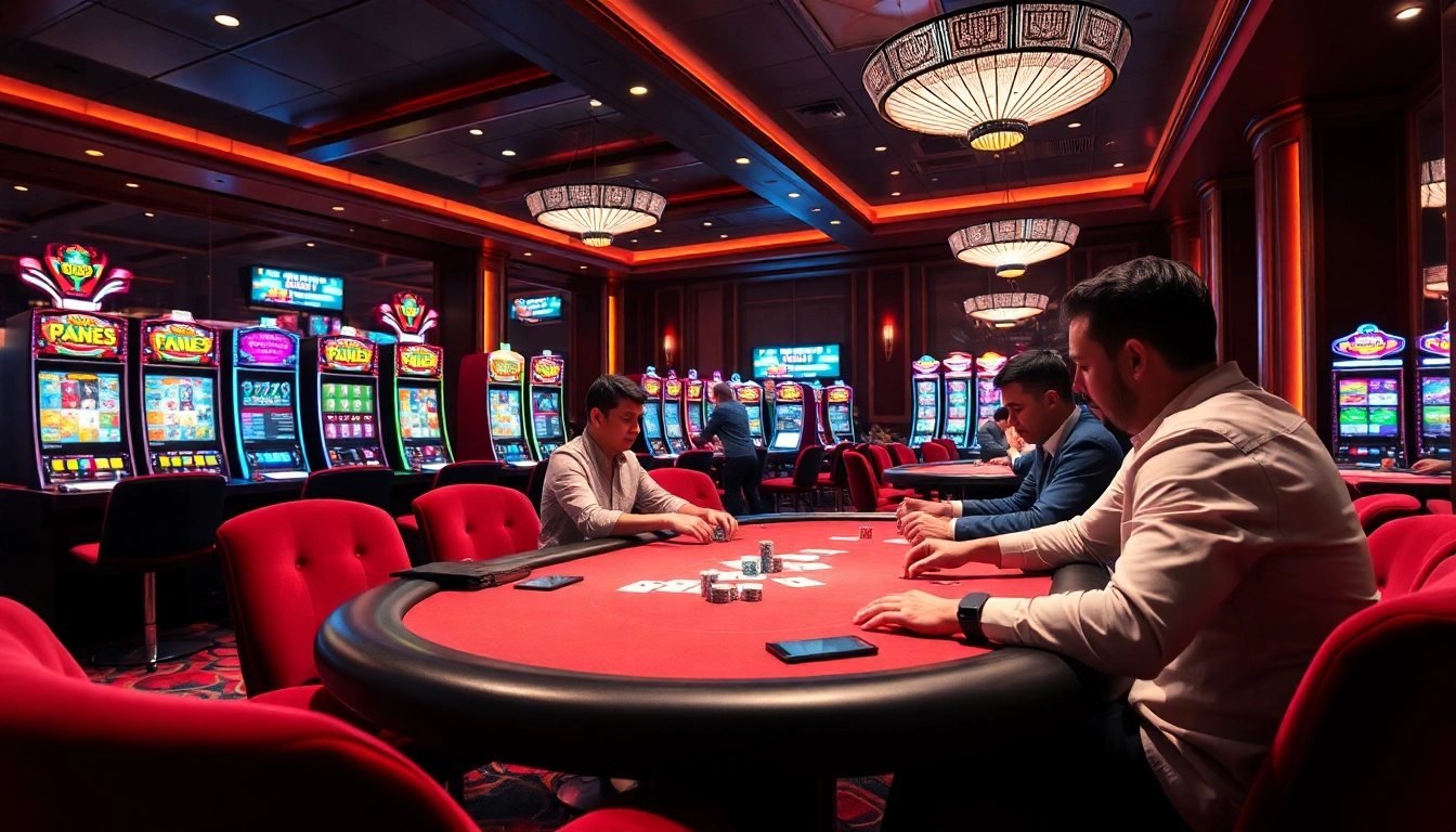 A vibrant casino scene emphasizing the theme of trusted gambling (nhà cái uy tín) with players actively engaged at poker tables.