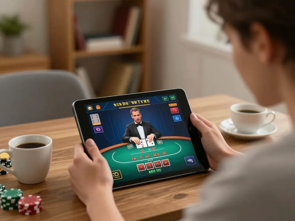 Playing blackjack at home via https://da88at.com/ with a live dealer on tablet screen