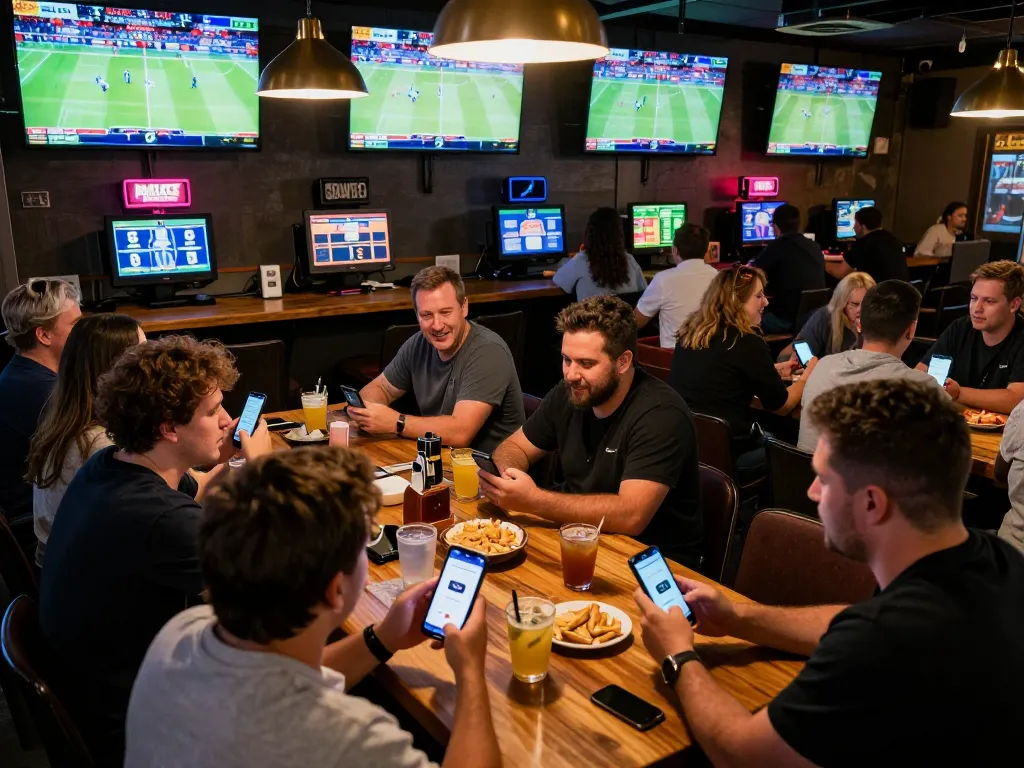 Tylekeonhacai88 users engage in sports betting at a lively bar, analyzing odds on smartphones.