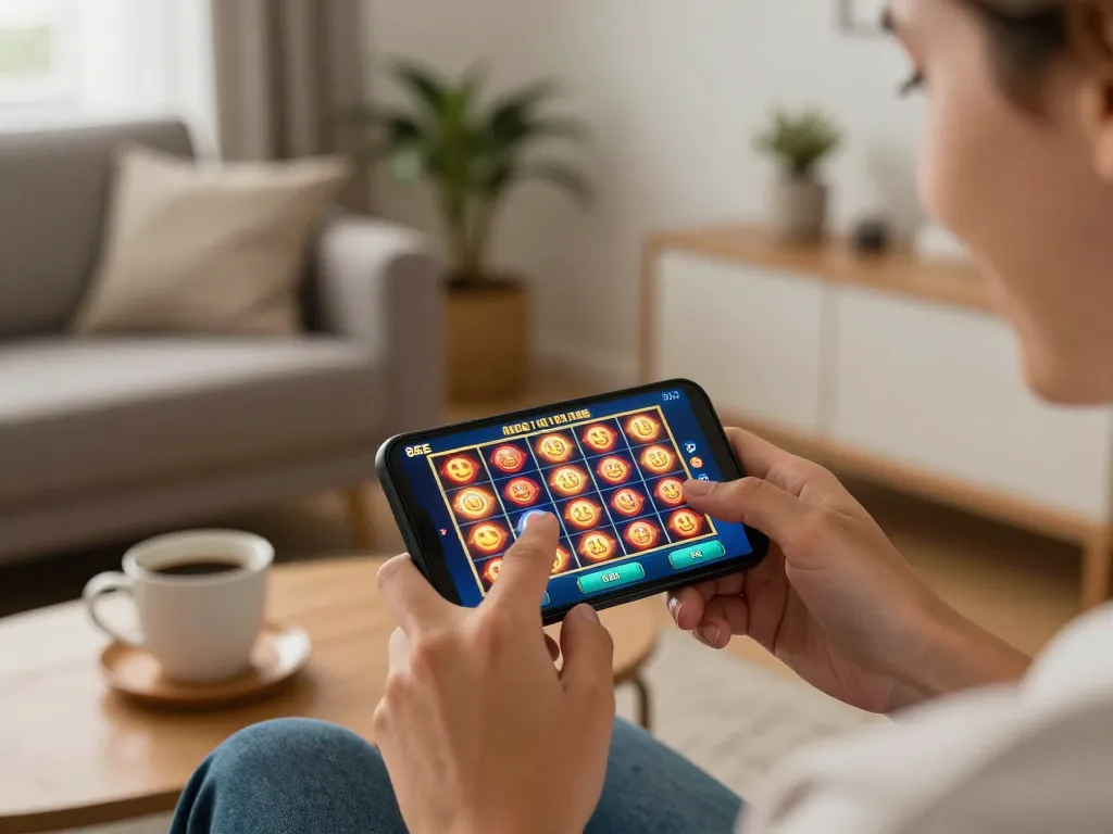 Player enjoying the 8EEE casino app on smartphone, immersed in exciting slot games.