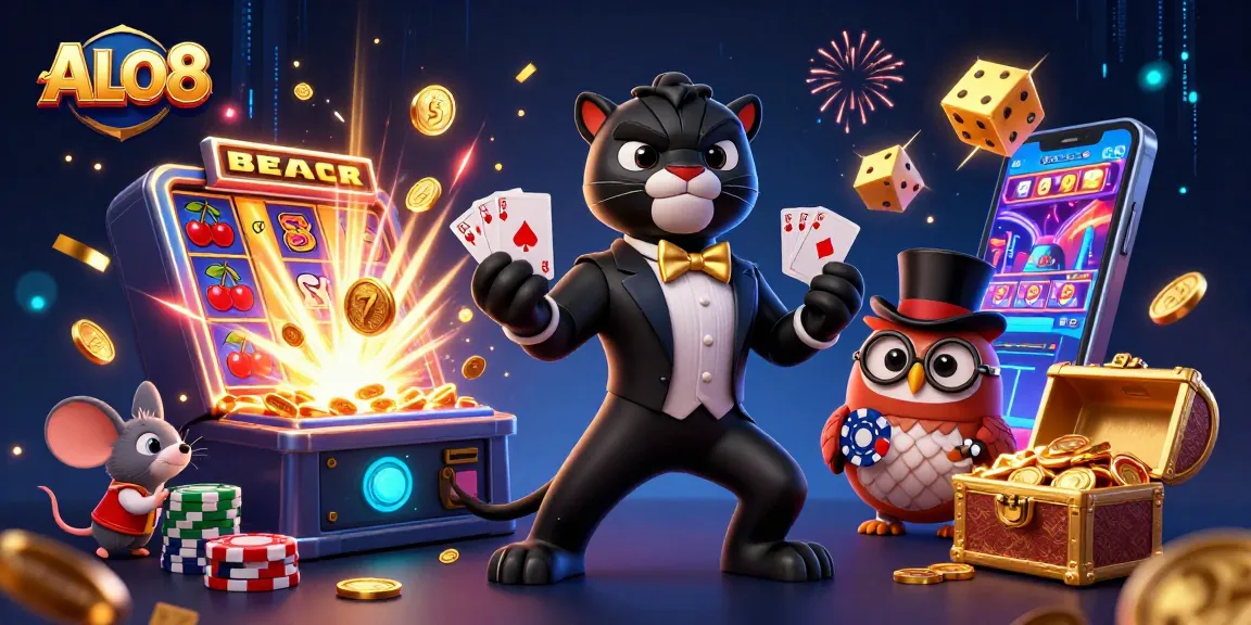 Engaging ALO8 casino scene with a stylish panther, owl, and mouse amidst jackpot slots.