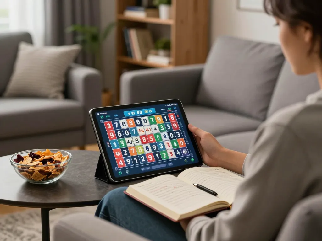 Engaging with 9 Lotto 4D on a tablet in a cozy home setting, showcasing responsible gambling.
