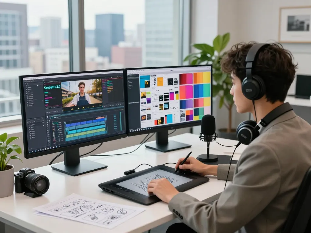 Creative professional utilizing seedance 2.0 in a modern video production studio environment, showcasing advanced editing tools and vibrant storyboards.