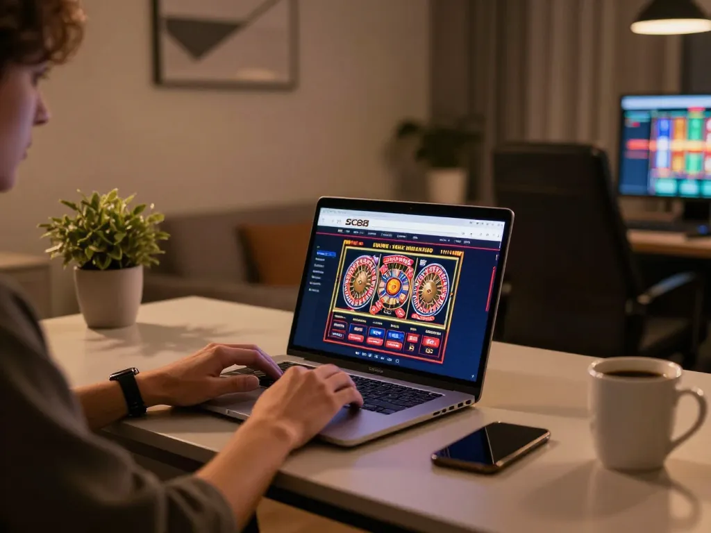 Engaging online gaming scene with SC88 platform displayed on laptop, showing vibrant casino graphics