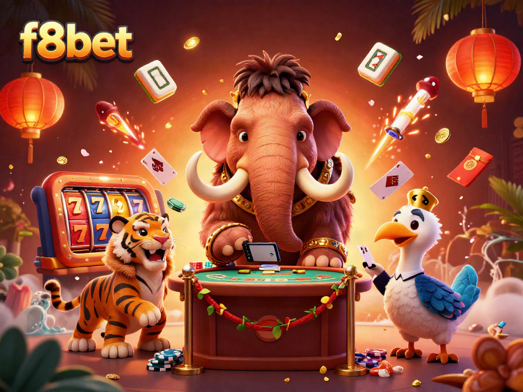 Experience the excitement of f8bet with majestic casino elements and vibrant characters in a lively scene.