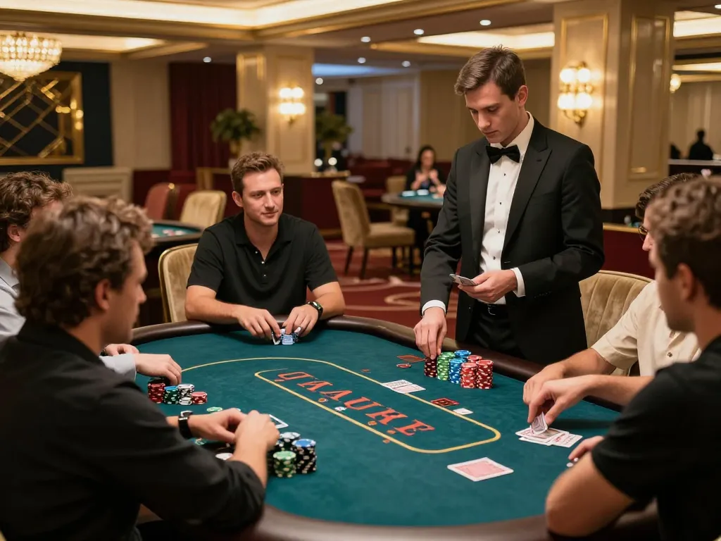 VB88 players strategically betting at an upscale poker table in a luxurious casino atmosphere.