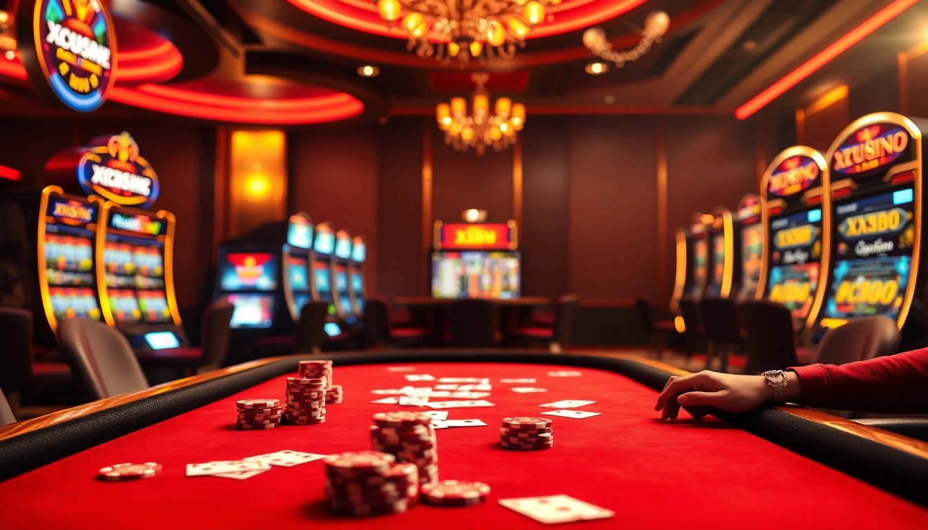 A vibrant casino gaming scene with players at the XX88.com table, poker chips, and cards showcasing high stakes.