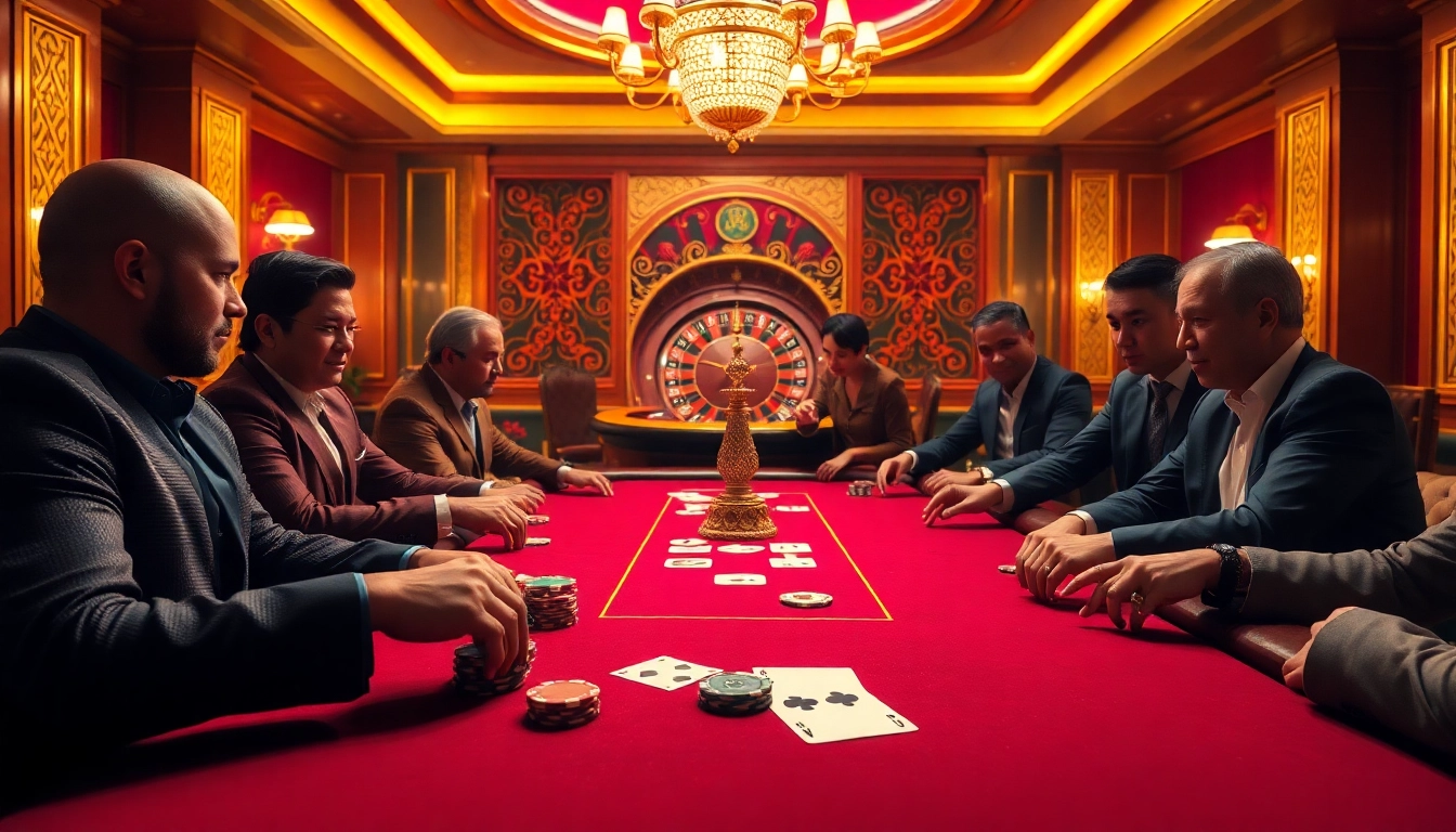 Players engaging in an exciting poker game at 88vn's luxurious casino table with colorful chips and cards.