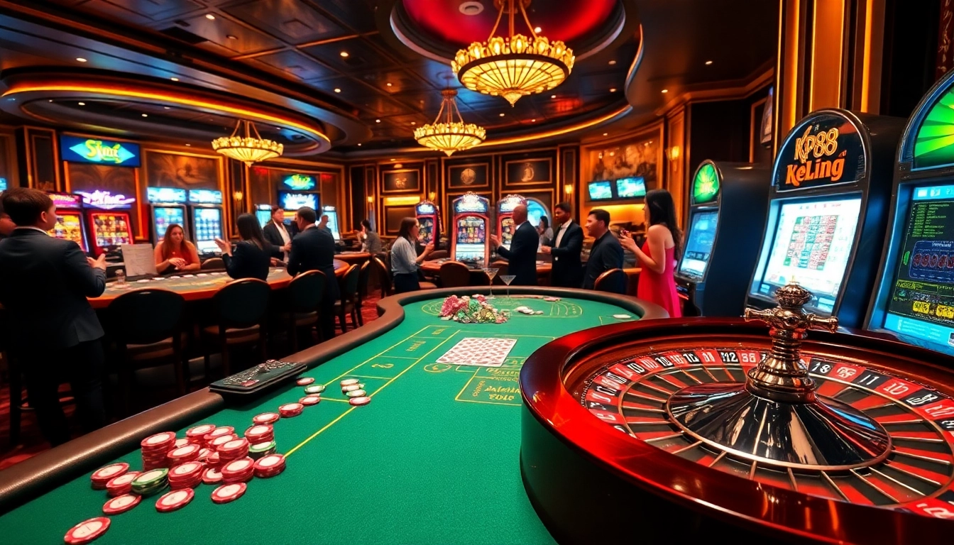 Kp88 gaming excitement with roulette, poker chips, and slot machine in a luxury casino setting.