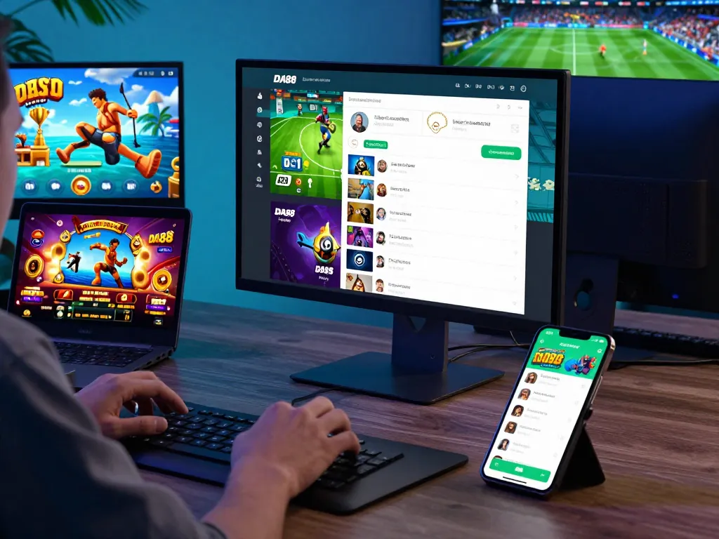 DA88 interactive online gaming platform showcasing diverse games like casino and sports betting in a vibrant user interface.