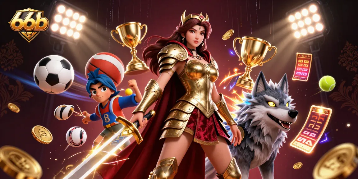 Engage in thrilling gameplay with 66b as a warrior queen and armored wolf amidst dynamic sports elements.