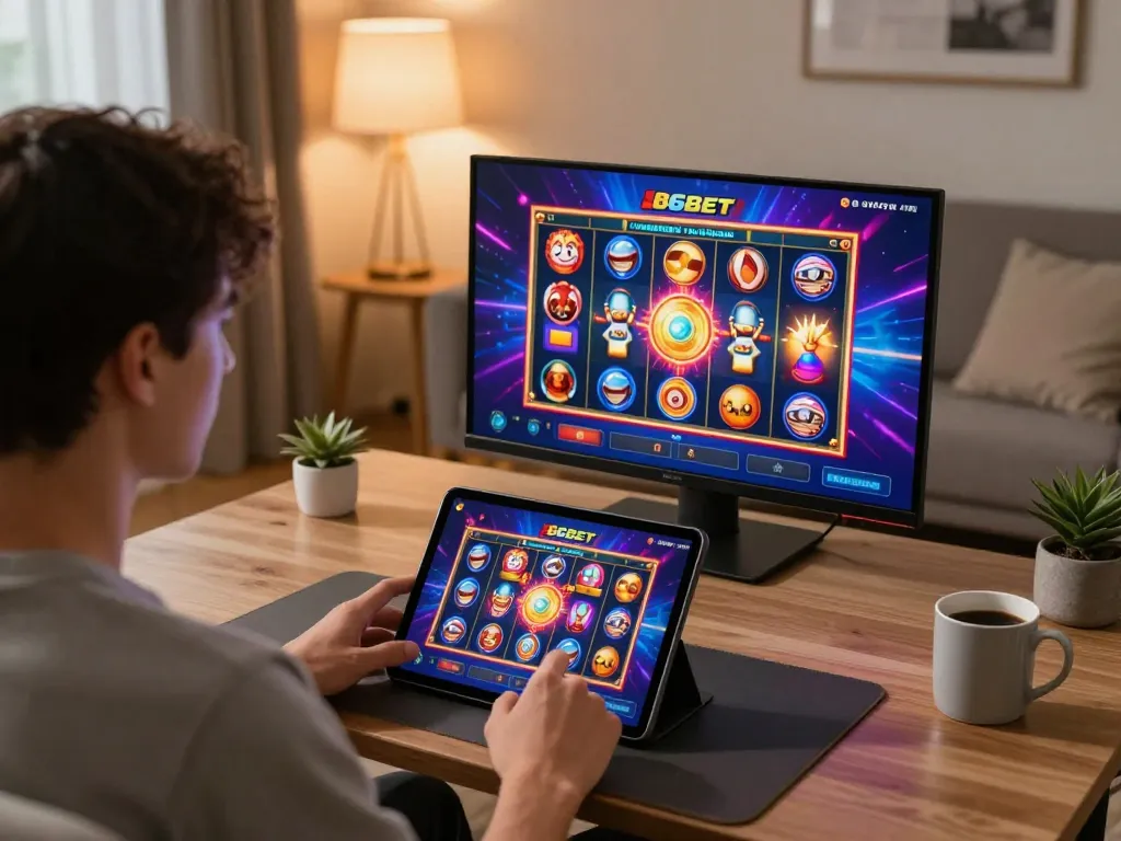 Person enjoying a lively game experience on 86bet tablet in a stylish living room, demonstrating home gaming.