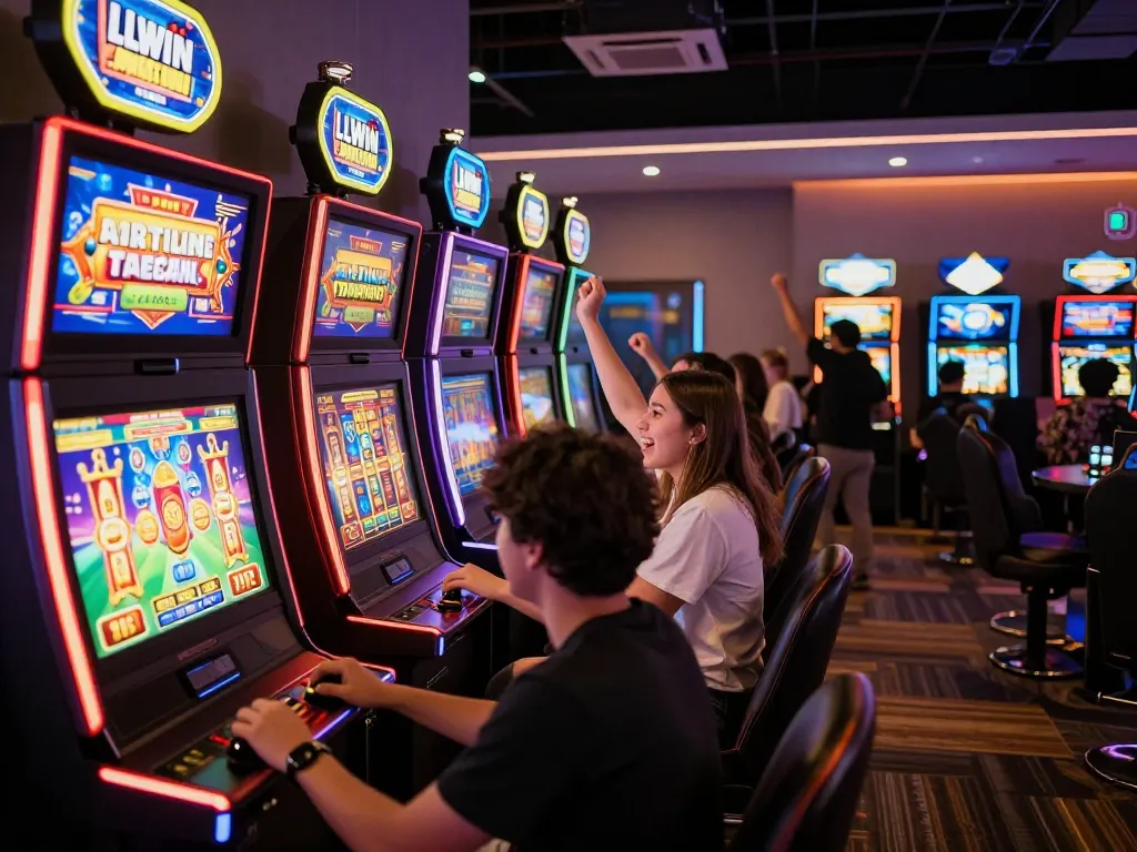 Players enjoying slot machines at LLWIN's casino app in a lively environment.