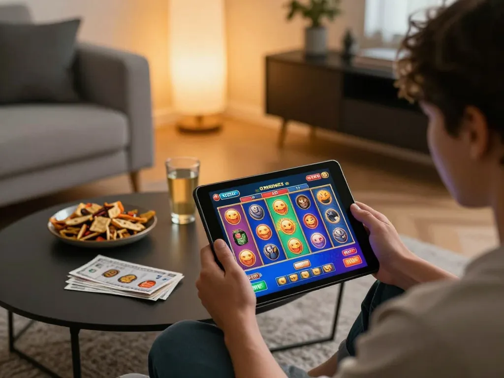 78win player enjoying exciting slot game on tablet in cozy home setting