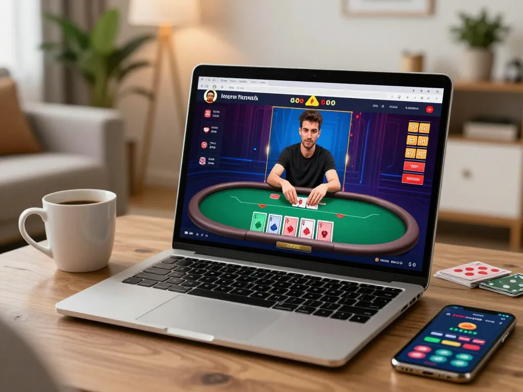 Player engaging in F168 online casino poker game on laptop in a cozy home setting