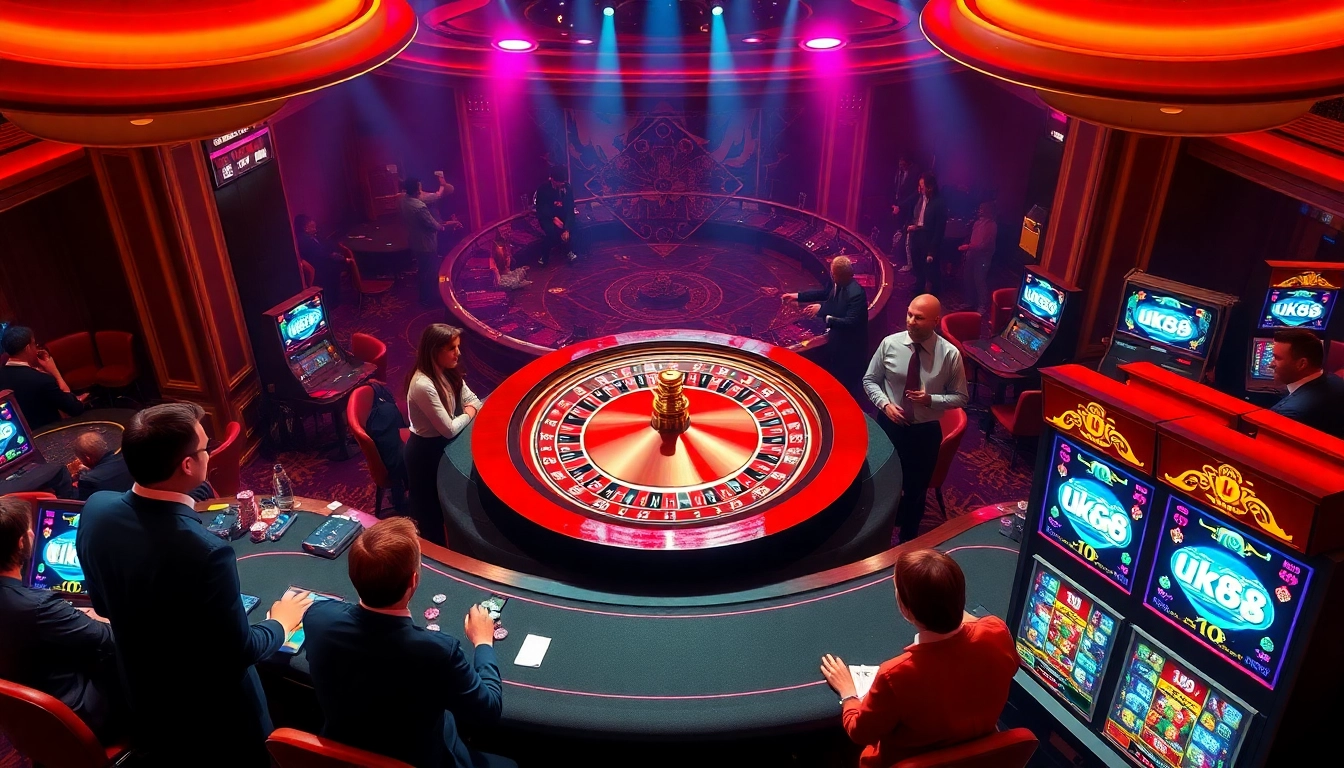 Players enjoy a thrilling game at the uk88 casino with dealers and slot machines in view.