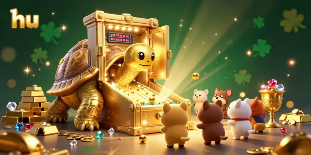 Engage with the dynamic world of hu featuring a golden tortoise pinball machine amidst treasures and jewels in this vibrant 3D illustration.