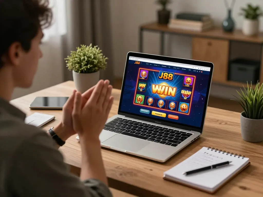 Engaged player experiencing a thrilling moment on the J88 online casino app at home, capturing excitement and strategic gameplay.